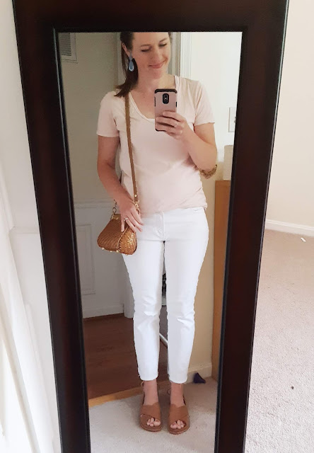 light summer outfit, pastel summer outfit, thrifted outfit, Catholic Mom style, everyday mom style