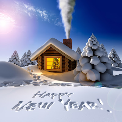 Postal de invierno con mensaje "Happy New Year" en la nieve