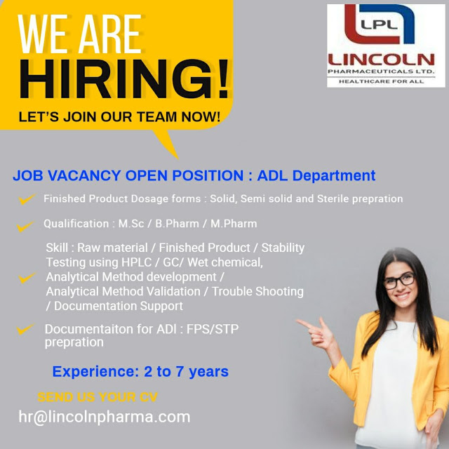 Lincoln Pharma | Vacancy in ADL Department | Send CV