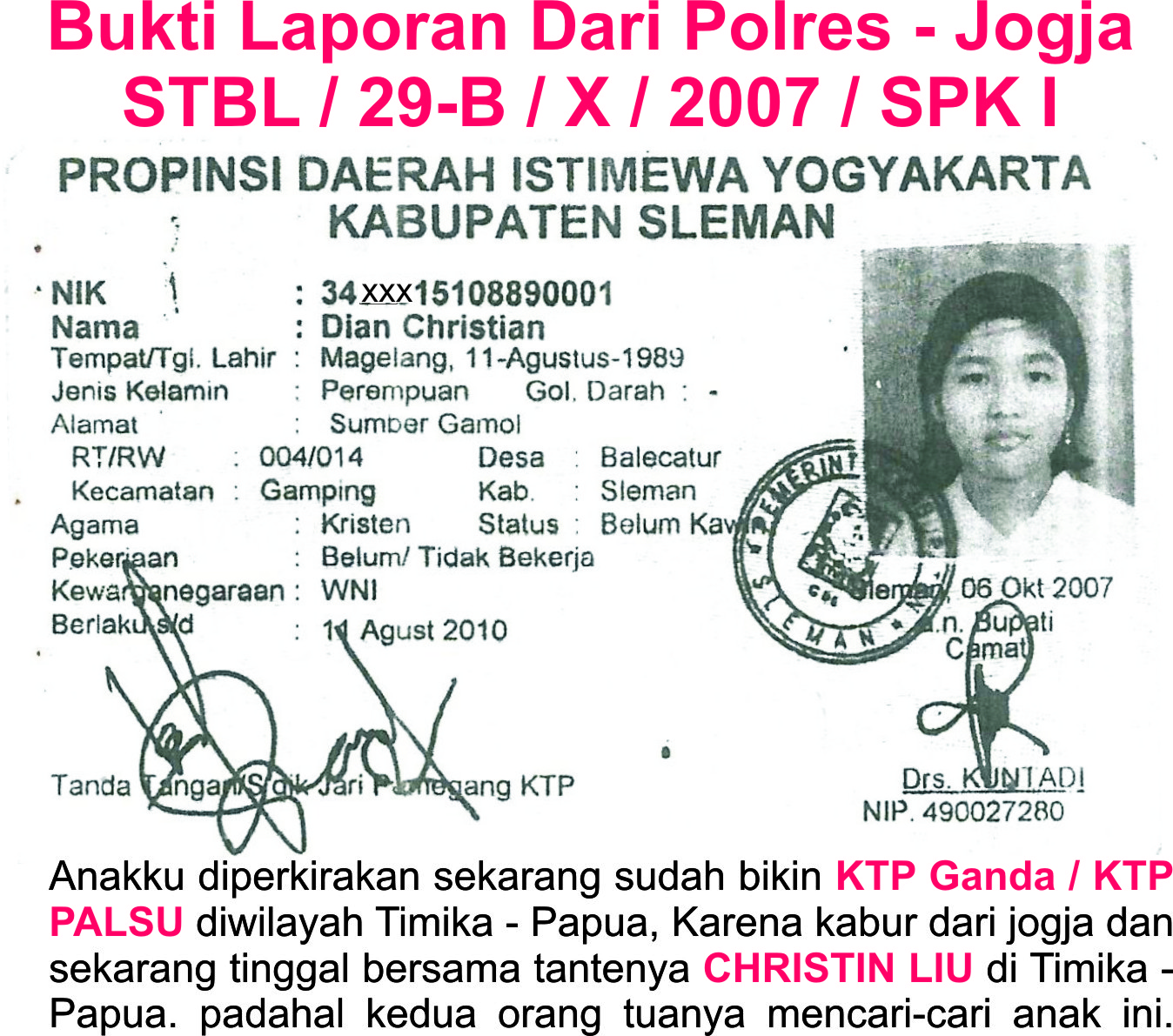 Anak hilang, Penculikan, E-KTP Ganda / ASPAL, Istri kabur 