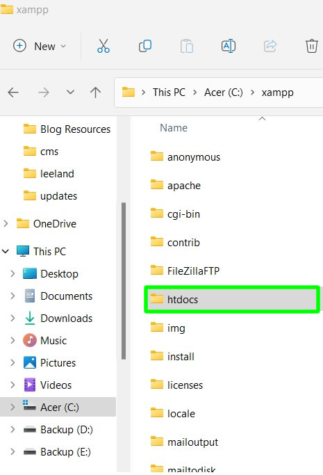 htdocs folder located in xampp folder c drive windows 11