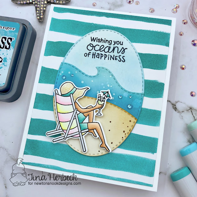 Oceans of Happiness Card by Tina Herbeck | Summer Moments Stamp Set, Land Borders Die Set, Sea Borders Die Set and Oval Frames Die Set by Newton's Nook Designs #newtonsnook