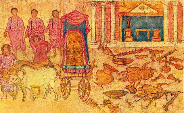 Afresco da captividade da Arca nas mãos dos Filisteus. Na sinagoga de Dura-Europos