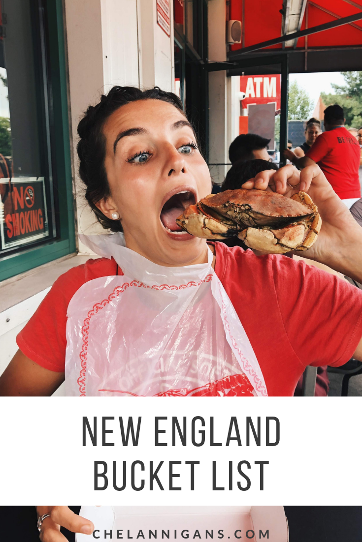 Girl eating crab at Yankee Lobster in Boston, MA with text overlay - New England Bucket List