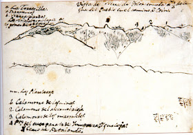 Vista de la Sierra de Tolox, tomada a 1/4 de legua del Pueblo en el camino a Coín. Esquema de la vegetación de la Sierra de Tolox de Simón de Rojas Clemente. Tinta negra y lápiz sobre papel verjurado, y la vegetación indicada por sombreado a lápiz (16x22 cm); procedente de la Historia Natural del Reino de Granada (Real Jardín Botánico de Madrid). Fuente: http://acadcienciasplantas.blogspot.com/p/museum.html