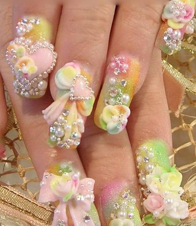 funky nail art with rainbow and heart