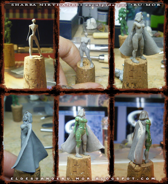 Distintos pasos seguidos en la realización de la Miniatura a escala 28mm del personaje de rol de Aventuras en la Marca del Este "Sharra Nirthanbei", realizada por ªRU-MOR. Usándose alambre para el armazón, Super Sculpey para la anatomía de la figura y masilla verde para los detalles de la indumentaria, también se incluye plástico para las armas.