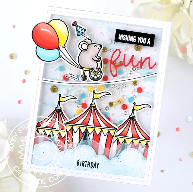 Sunny Studio Stamps: Birthday Mouse Circus Themed Birthday Shaker Card by Catherine Cohen (featuring Fluffy Clouds Border Dies, Country Carnival, Loopy Letter Dies)