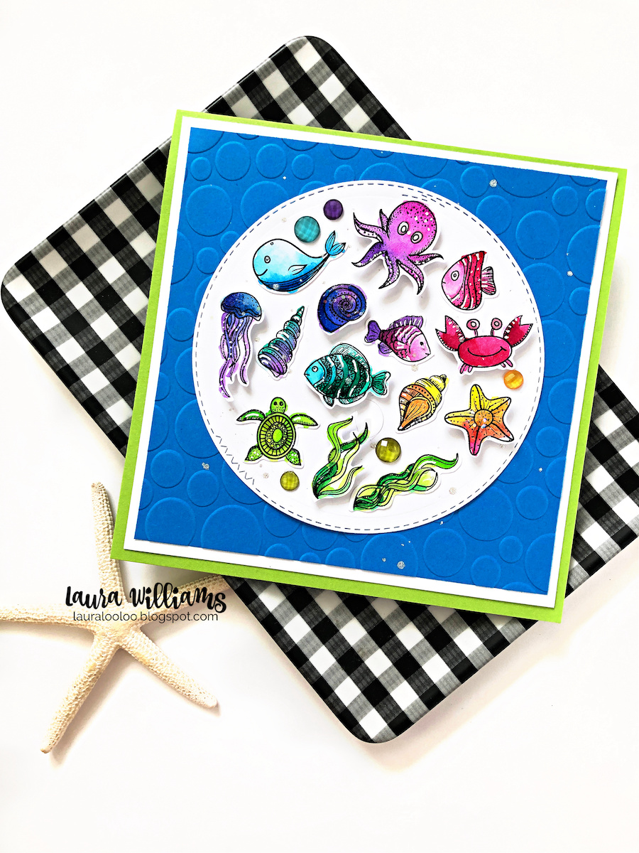 Next up, some more ocean friends but in a simpler hand drawn style - this stamp set is called Take Me to the Sea. Aren't they the cutest? I was so in love with all these little guys that I just stamped them all, painted them with watercolors, and then added them to a 5x5 square-shaped card. (Both of these cards have some shiny surfaces and glitter accents that never photograph very well, but are so striking and sparkly in person!)