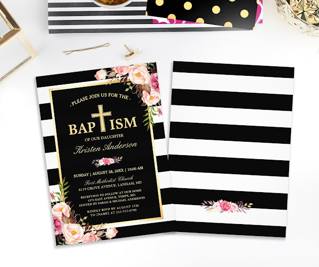  Baptism - Elegant Floral Gold Black White Stripes Invitation