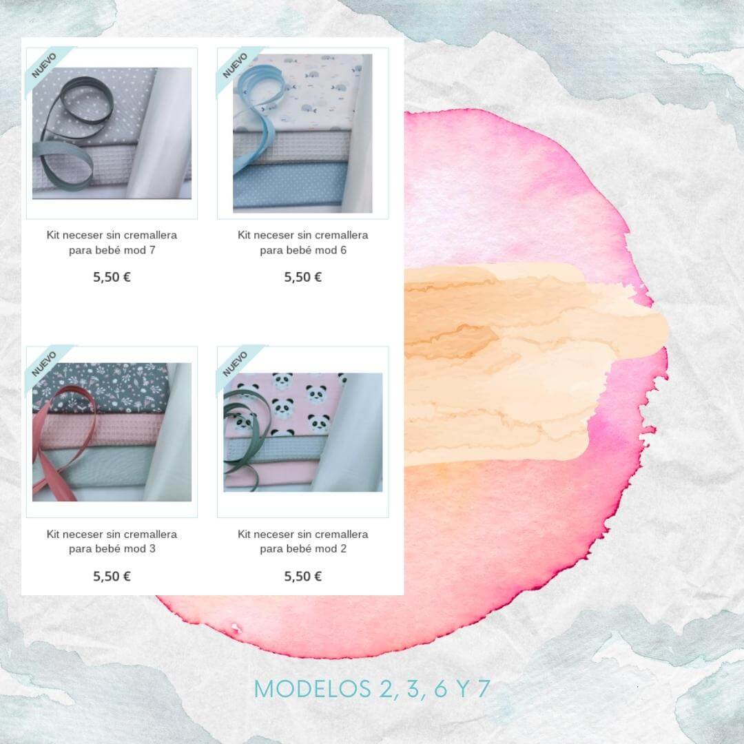 Fondo acuarelado en tonos blancuzcos, rosas y anarajandos con las imágenes de los kits 2, 3, 6 y 7