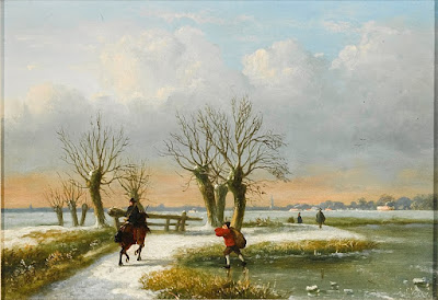 A wintry landscape painting with a lake, snowy path with a horse and rider on it, pollarded willow trees, and vast partly cloudy sky