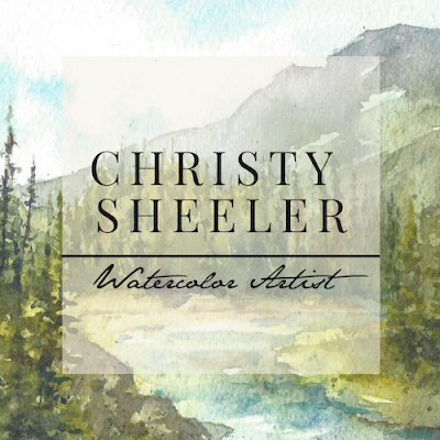 Artist Logo for Christy Sheeler, Watercolor Artist with watercolor mountain landscape in the background.