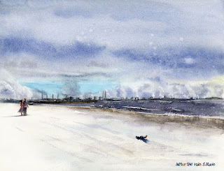 水彩画「雨上がり」。千葉市稲毛海岸の白砂のビーチ。