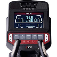 Sole E98 elliptical trainer console with 10" TFT LCD screen, 10 programs, Bluetooth, USB port, tablet holder, cooling fans