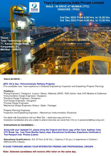 Toyo Engineering India Walk In Drive For EPC/ Oil & Gas / Petrochemicals/ Refinery Projects