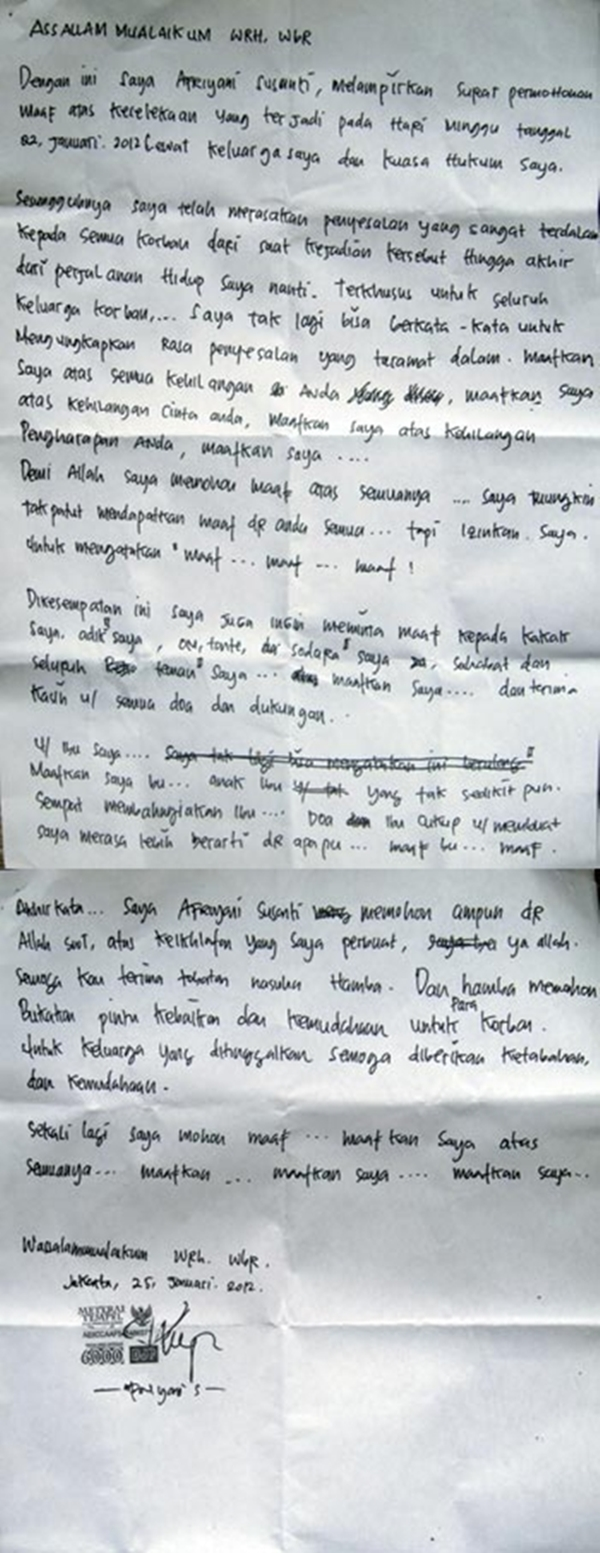 Surat Permohonan Maaf Afriyani Susanti