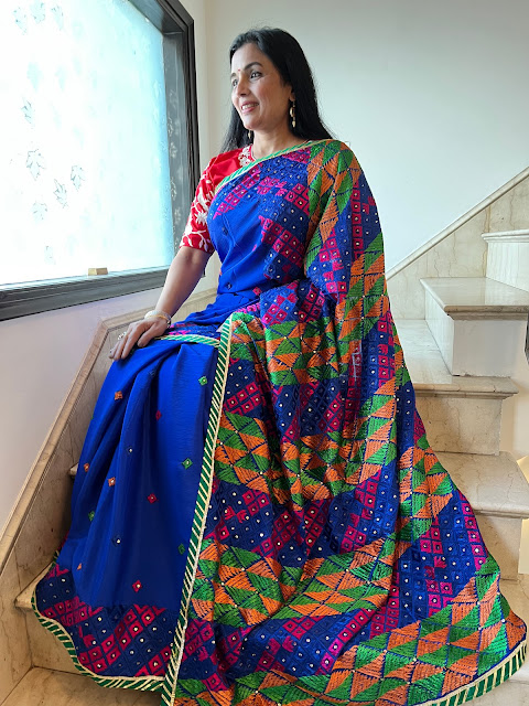 Rich blue hand embroidered phulkari saree