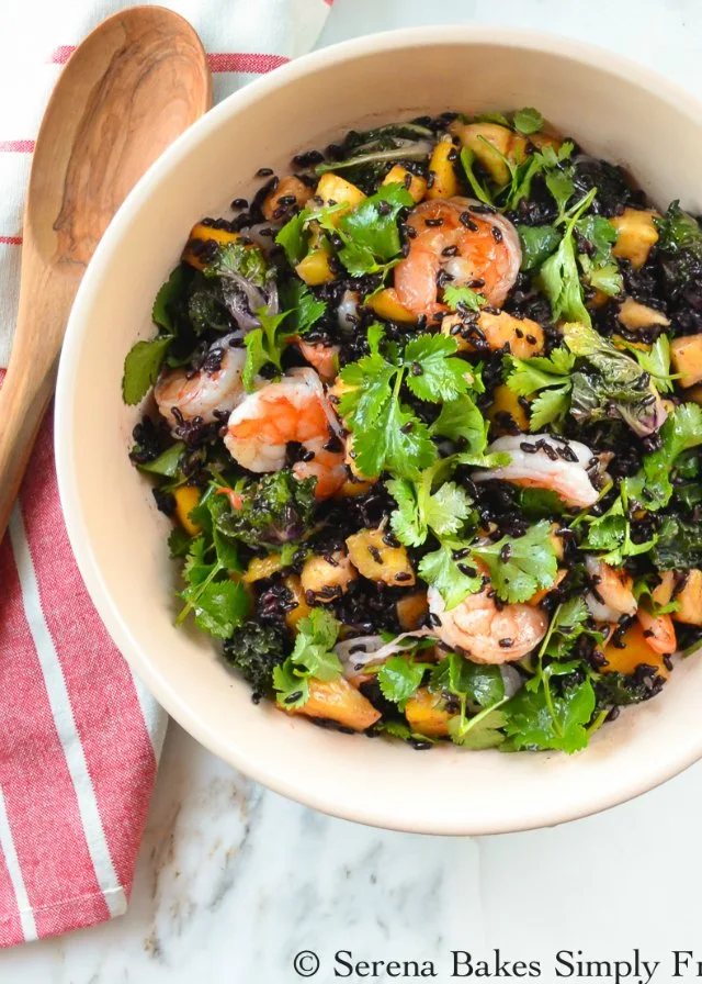 Asian Shrimp Black Rice Salad with Mango, Pineapple, Kale, and Cilantro is a light, hearty, filling meal from Serena Bakes Simply From Scratch.