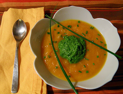 Carrot Soup with Dollop of Pesto and Scattered and Crossed Chives