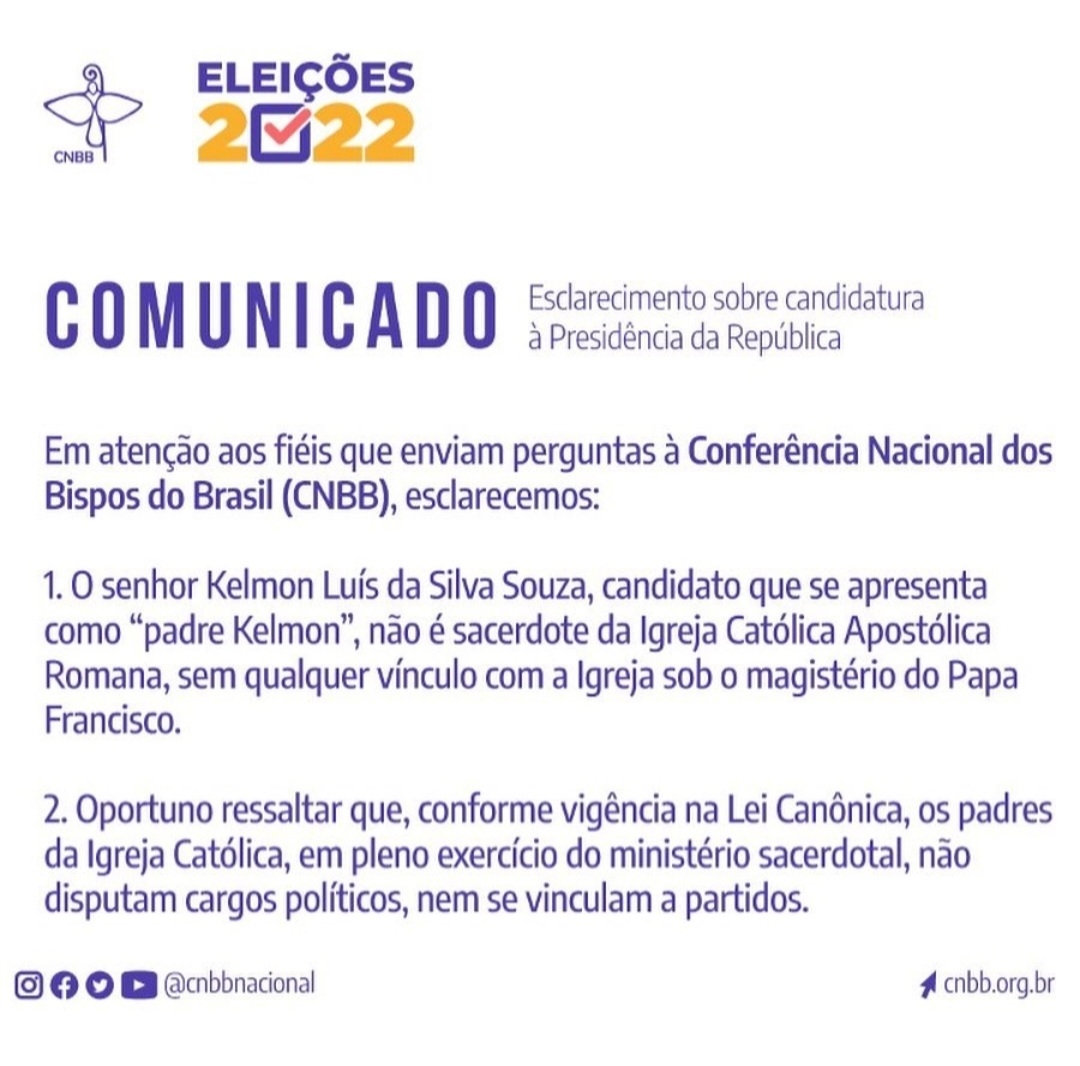 CNBB emite comunicado sobre o candidato Padre Kelmon