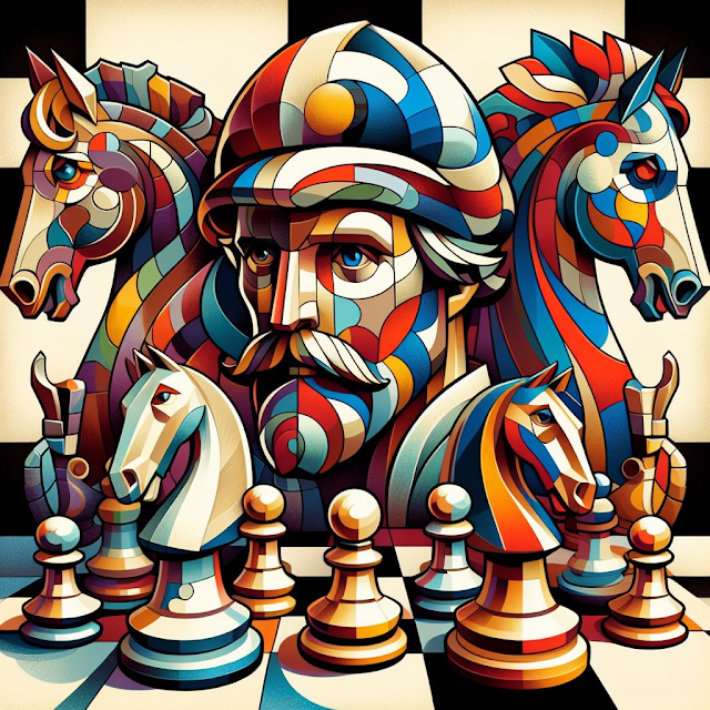A striking cubist portrait celebrating the strategic mastery and bold spirit of the Czech Benoni chess opening through vibrant colors, dynamic shapes, and symbolic chess motifs.