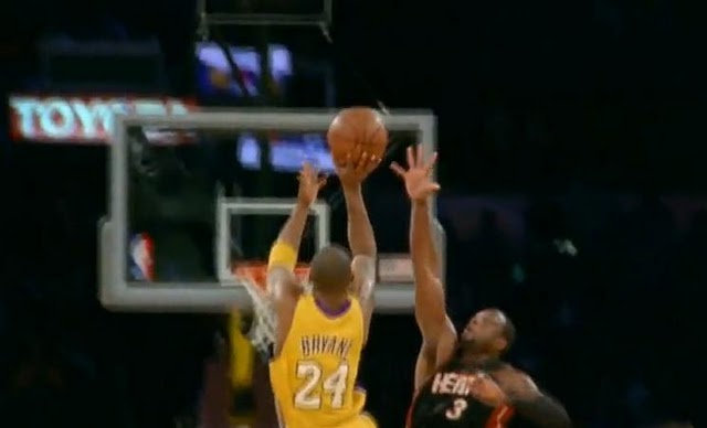 Kobe Bryant amazing lucky yet skilled clutch buzzer beater three point shot.