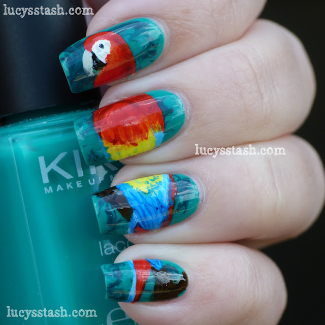 Parrot nail art manicure - Scarlet Macaw in the jungle