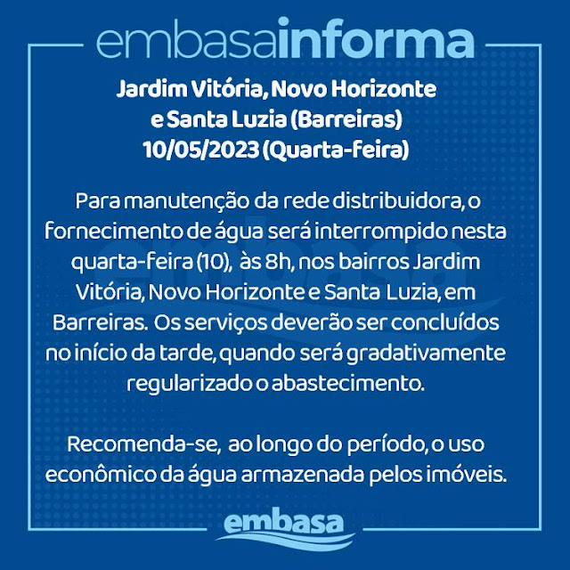 Embasa comunica interrupção de água em bairros de Barreiras 