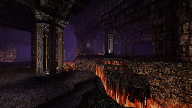 Quake - Arcane Dimensions - the Firetop mountain map, showing some burned black platforms above lava.