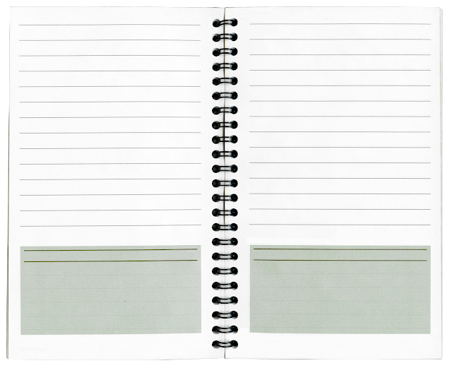A lined notebook bound by a spiral ring, with lines on facing pages, and a large blank box at the bottom of the page for special notations.