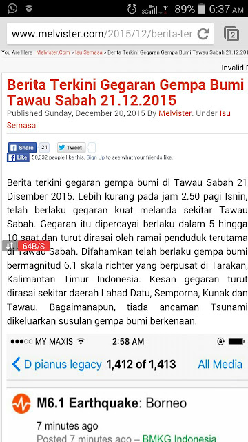 GEMPAR!!! Gegaran gempa bumi 6.1 skala ritcter di SABAH 