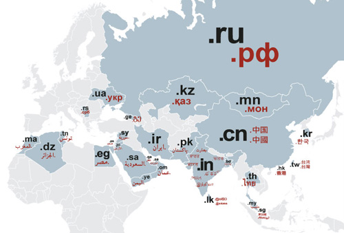 Carte des extensions internationalisées de noms de domaines par pays