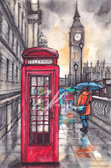Watercolor showing a view from a street in London, with a red telephone booth in the foreground and Big Ben in the background
