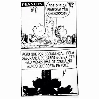 Tirinha do Peanuts ou Minduim como é conhecida no Brasil, com dois quadros na vertical, dois personagens e falas em balão. Charlie Brown o protagonista, e Linus, estão deitados em sentidos opostos, com as cabeças recostadas ao pé de uma árvore com as pernas cruzadas e mãos também cruzadas, sobre a barriga. Charlie Brown o perfeito anti-herói, sempre que tenta fazer alguma coisa, fracassa. É conhecido pelo bordão "que puxa!". Os dois personagens têm cabeças redondas, olhos redondinhos, nariz em C posicionado entre os olhos e boca grande feita com risco. Charlie Brown é careca com um topetinho na frente, usa camiseta amarela com estampa preta em zigue-zague circundando a barriga e costas; Linus é o mais novo e intelectual da história, tem cabelos ralos e lisos. Está sempre filosofando sobre a vida, não larga o cobertorzinho azul. Q1- É dia. Charlie Brown pergunta para Linus: Por que as pessoas têm cachorros? Q2- Já é noite. Os dois estão deitados na mesma posição. Linus conclui: Acho que por segurança...pela segurança de saber que existe pelo menos uma criatura no mundo que gosta de você.