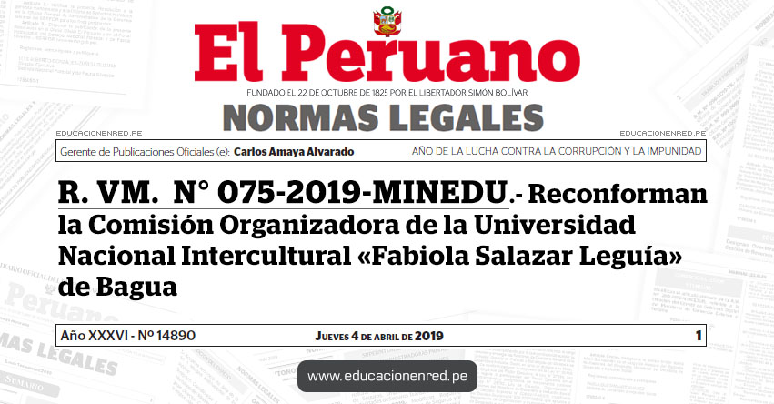 R. VM. N° 075-2019-MINEDU - Reconforman la Comisión Organizadora de la Universidad Nacional Intercultural «Fabiola Salazar Leguía» de Bagua - www.minedu.gob.pe