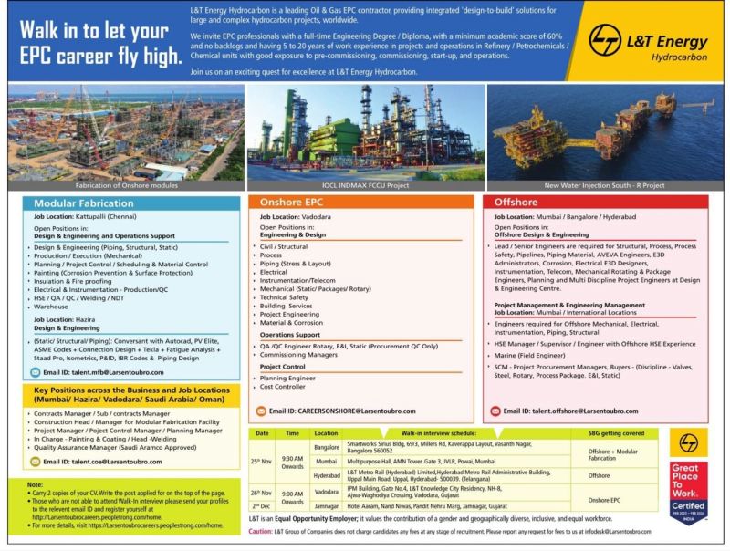 L&T Energy Hydrocarbon Walk In interview For Oil and Gas Professional - Multiple Opening