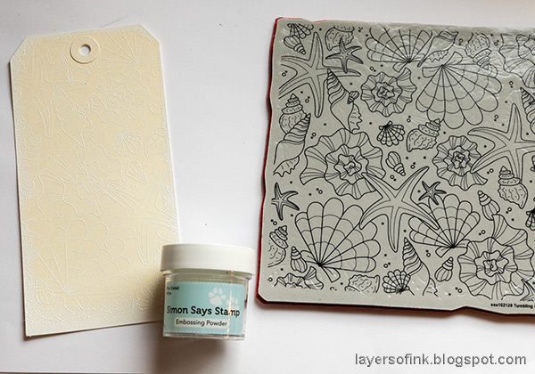 Layers of ink - Calm and Stormy Seas Tag by Anna-Karin Evaldsson. White emboss Simon Says Stamp Tumbling Shells.