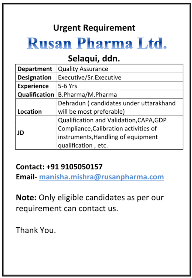 Rusan Pharma Ltd. | Urgent openings for Executive/Sr.Executive-QA at Dehradun | Send CV