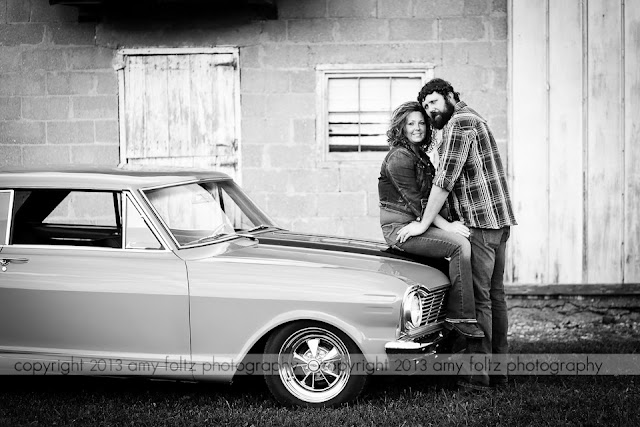 black and white photo of a couple with car - Terre Haute photographer