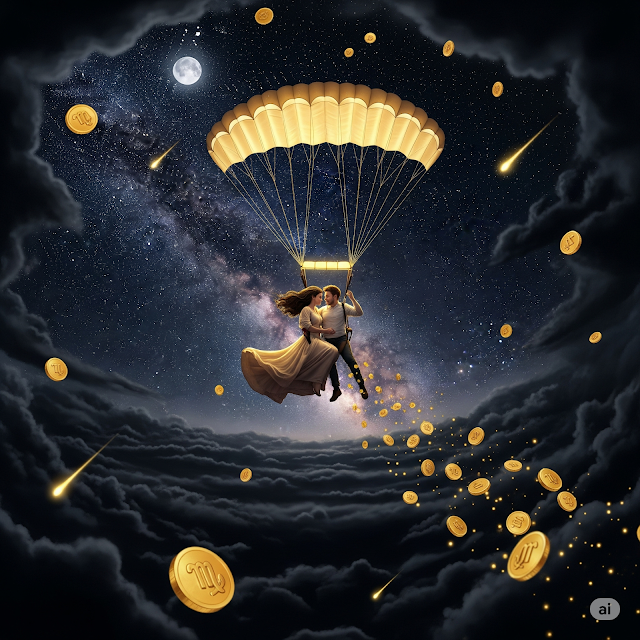 Taurus couple floating on glowing parachute under starry sky with black clouds and golden meteors.