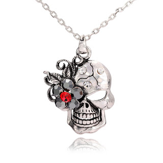 Silver Skull Flower Pendant Long Necklace,Skull Flower Pendant