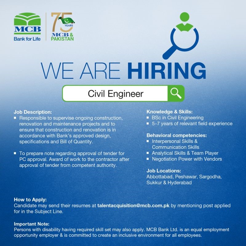 MCB Bank Jobs For  Civil Engineer