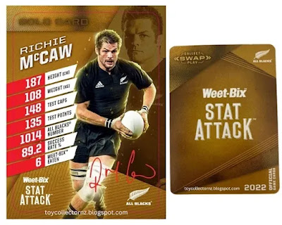 Weet-Bix Rugby Cards 2022 All Blacks Stat Attack Richie McCaw Gold Card Facsimile only showing front and rear of example card