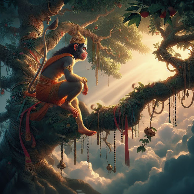 Hanuman sitting on a tree looking for Seetha