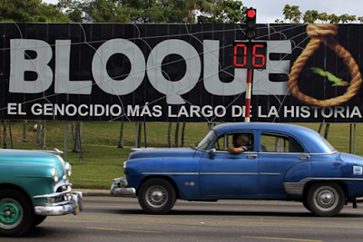 Cuban propaganda billboard in Havana, Cuba: Blockade. The longest genocide in history.