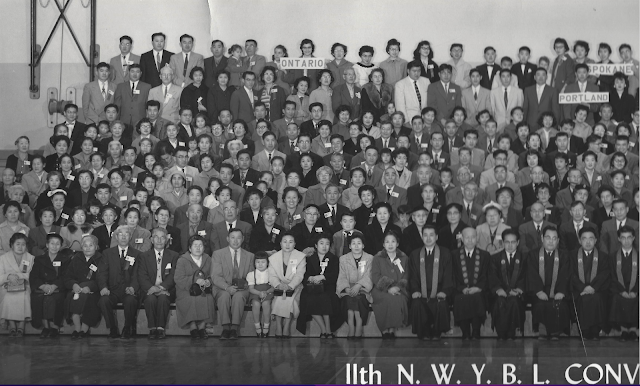 Black and White Photo from 1958 of attendees from Ontario, Portland, and Spokane of the NW District Convention