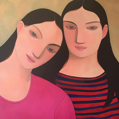 Kelly Beeman arte | dibujo en acuarela de mujeres | retrato hermanas