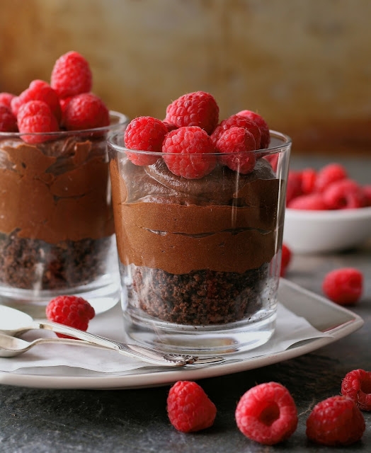 Chocolate mousse with biscuit base, kahlua and raspberries. 