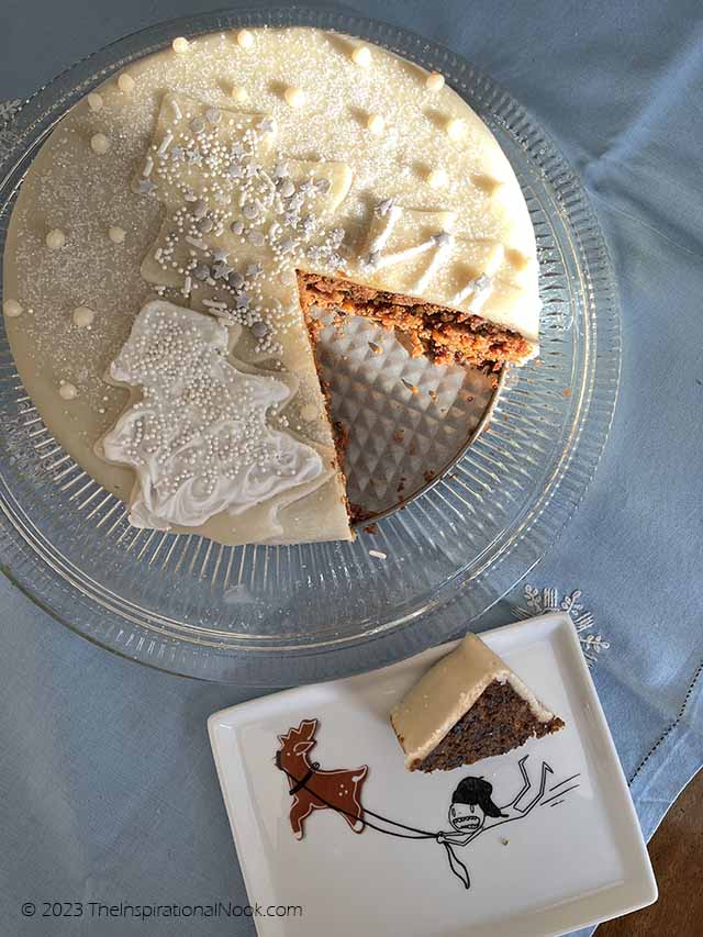 Indian Christmas Plum cake with marzipan topping, icing, christmas trees